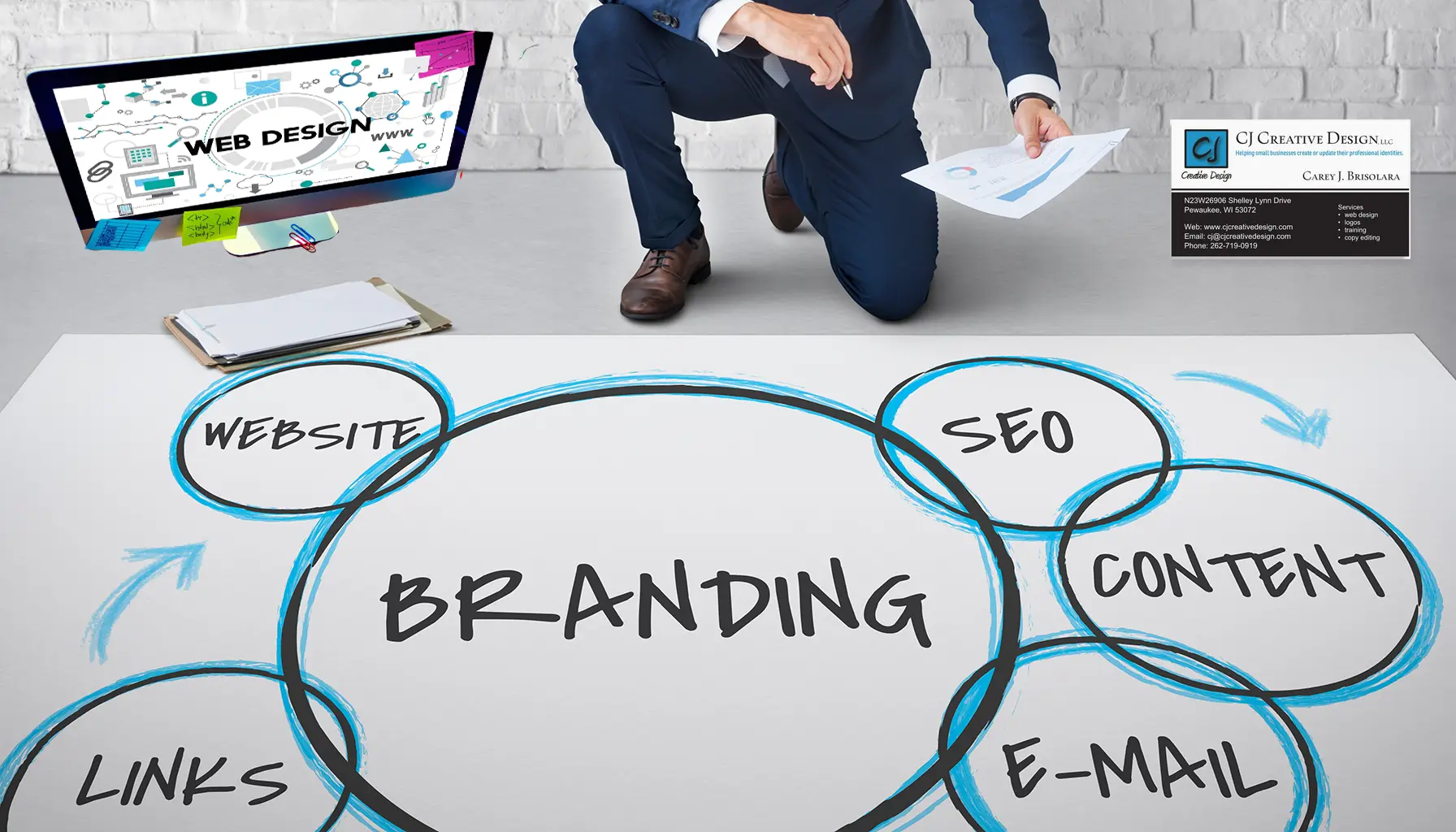 large chart on the floor showing how branding, links, website, seo, content and email are related