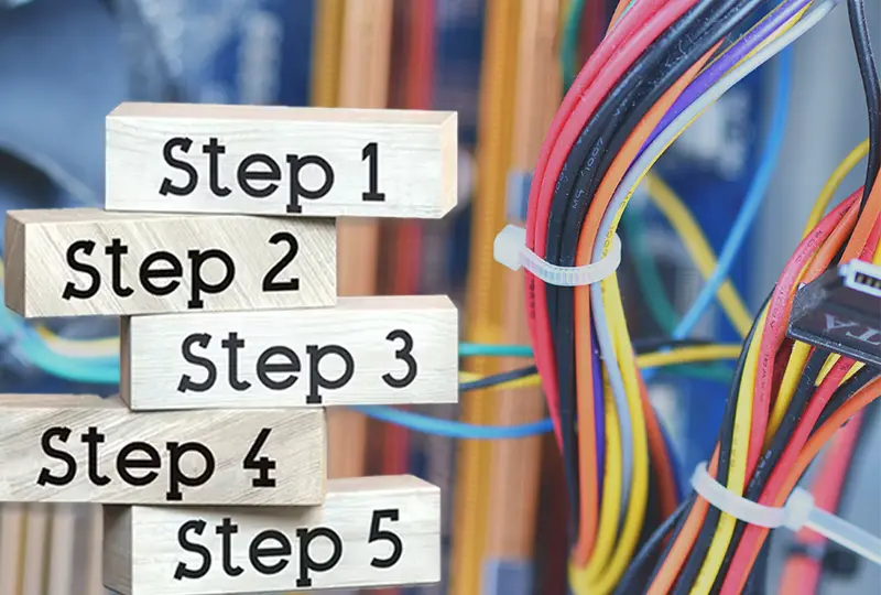 steps 1-5 on stacked blocks with a background of wire harnesses